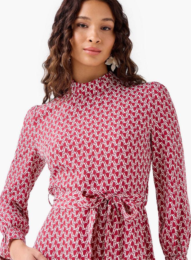 Splash FAV Abstract Print Mini Dress with High Neck and Tie-Up Belt - Image 5