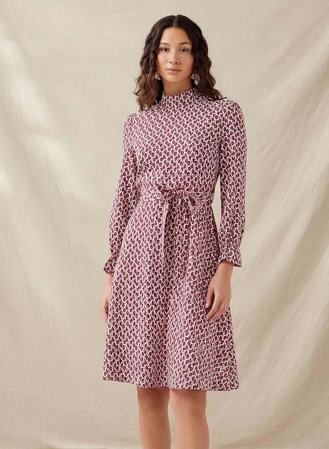 Splash FAV Abstract Print Mini Dress with High Neck and Tie-Up Belt - Image 1