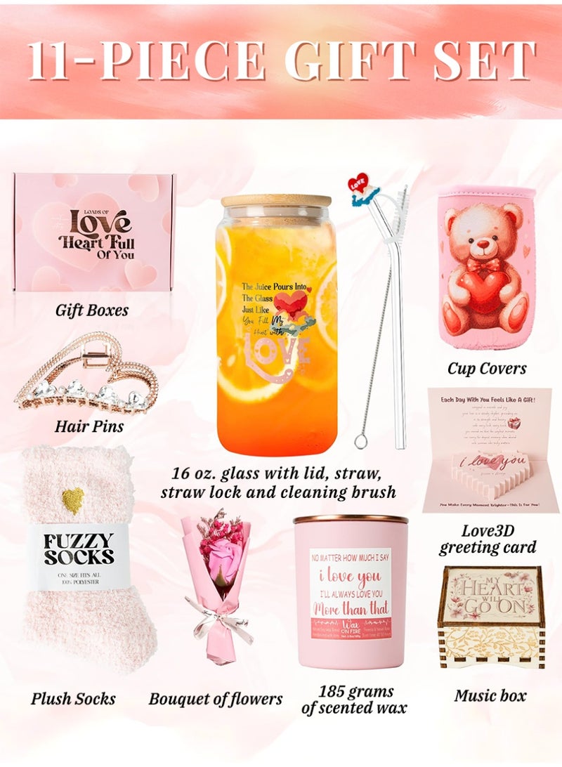 نورهور مجموعة هدايا نسائية 11 قطع، صندوق سبا مع كوب زجاجي وشموع معطرة، هدية عناية ذاتية مثالية لأعياد الميلاد والذكرى ويوم الحب - Image 2