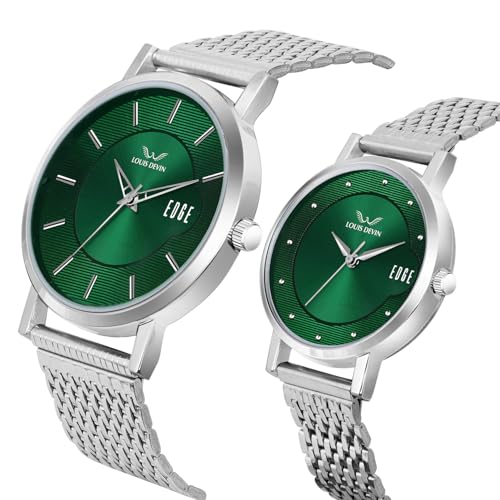 LOUIS DEVIN Stainless Steel Chain Analog Wrist Watch for Men and Women (Green Dial) | Set of 2 Wrist Watches | Couple Watches | LDCM-WT092-GRN-CH - Image 4