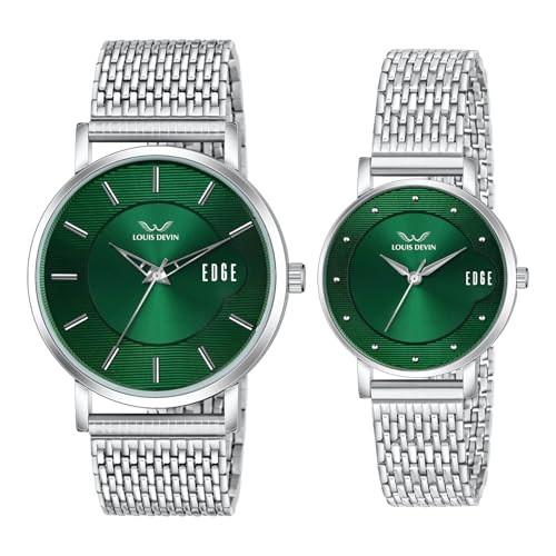 LOUIS DEVIN Stainless Steel Chain Analog Wrist Watch for Men and Women (Green Dial) | Set of 2 Wrist Watches | Couple Watches | LDCM-WT092-GRN-CH - Image 1