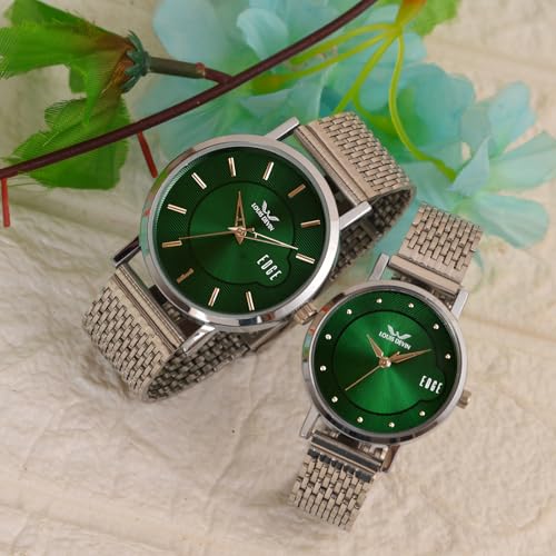 LOUIS DEVIN Stainless Steel Chain Analog Wrist Watch for Men and Women (Green Dial) | Set of 2 Wrist Watches | Couple Watches | LDCM-WT092-GRN-CH - Image 3