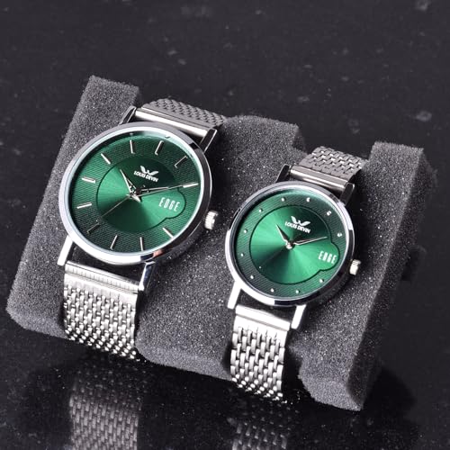 LOUIS DEVIN Stainless Steel Chain Analog Wrist Watch for Men and Women (Green Dial) | Set of 2 Wrist Watches | Couple Watches | LDCM-WT092-GRN-CH - Image 2