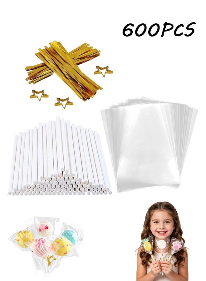 600Pcs DIY Lollipop Three-Piece Packaging Bag for Individually Wrapped Cake Pops, Cakesicles,Candies, Chocolates, Marshmallow, Macarons, Cookies(White) - Image 1