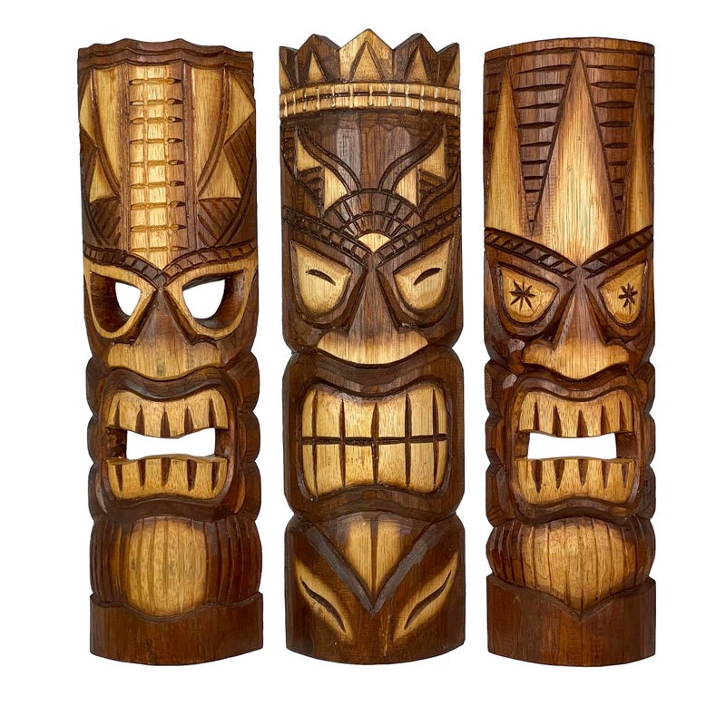 20Inch HandCarved Wooden Tiki God Masks Set of 3  Perfect for Living Rooms Dining Areas Kitchens and Bedrooms  Add Tropical Charm to Your Home Decor