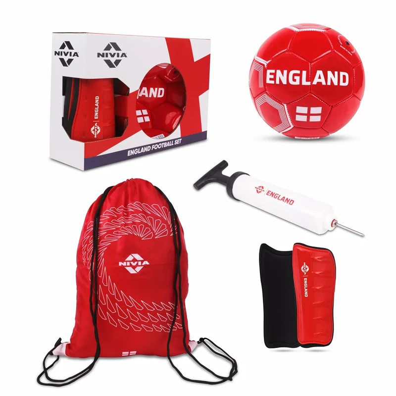Nivia England Football Set - Complete Combo with PVC Football, Shin Guards, Pump, and Carry Bag for Youth Training