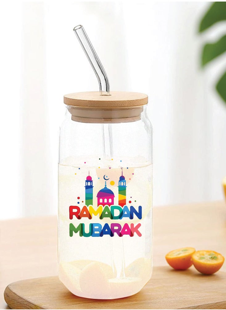 PRINTSHOP4ME Ramadan Kareem and Eid Mubarak Gift - Glass Bottle with Straw & Bamboo Lid 455 ml - Ramadan gift for all Islamic  - Image 3