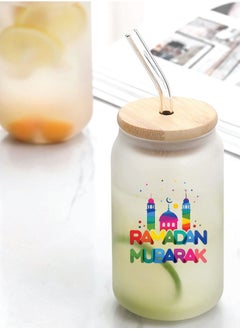 برينت شوب فور مي هدية رمضان كريم وعيد مبارك - زجاجة زجاجية بغطاء من القش وغطاء من الخيزران 455 مل - هدية رمضان لجميع المسلمين  - Image 2