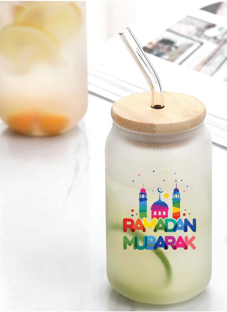 PRINTSHOP4ME Ramadan Kareem and Eid Mubarak Gift - Glass Bottle with Straw & Bamboo Lid 455 ml - Ramadan gift for all Islamic  - Image 2