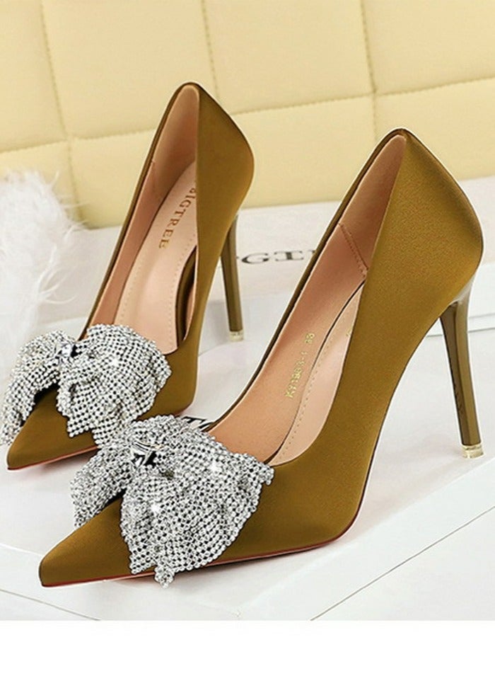 BIGTREE Women's Satin Closed Pointed Toe Stiletto Pump Rhinestone Bowknot Decoration High Heels Lemon Green 10.5CM - Image 1
