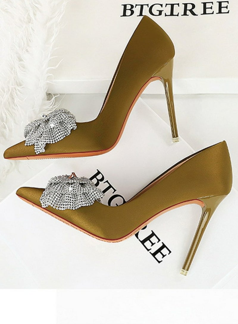 BIGTREE Women's Satin Closed Pointed Toe Stiletto Pump Rhinestone Bowknot Decoration High Heels Lemon Green 10.5CM - Image 3