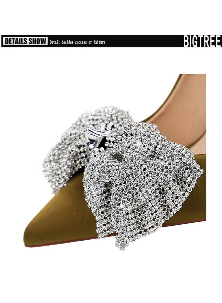 BIGTREE Women's Satin Closed Pointed Toe Stiletto Pump Rhinestone Bowknot Decoration High Heels Lemon Green 10.5CM - Image 4