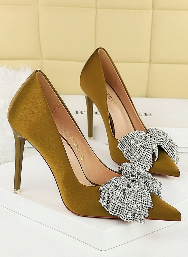 BIGTREE Women's Satin Closed Pointed Toe Stiletto Pump Rhinestone Bowknot Decoration High Heels Lemon Green 10.5CM - Image 2