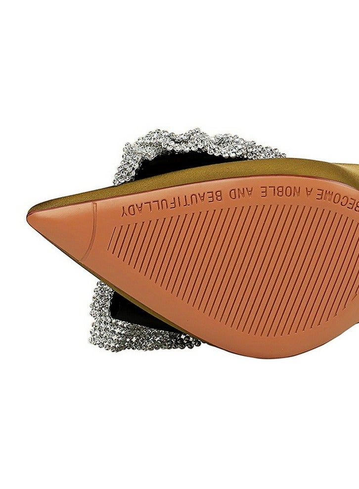 BIGTREE Women's Satin Closed Pointed Toe Stiletto Pump Rhinestone Bowknot Decoration High Heels Lemon Green 10.5CM - Image 5