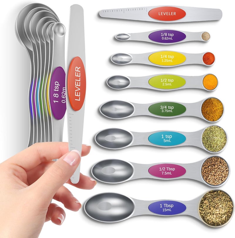 Howgoody Magnetic Measuring Spoons Set Of 8, Heavy Duty 304 Stainless Steel Metal, Fits in Most Kitchen Spice Jars for Baking & Cooking, BPA Free,Measuring Dry & Liquid Ingredients (Light Colorful) - Image 1