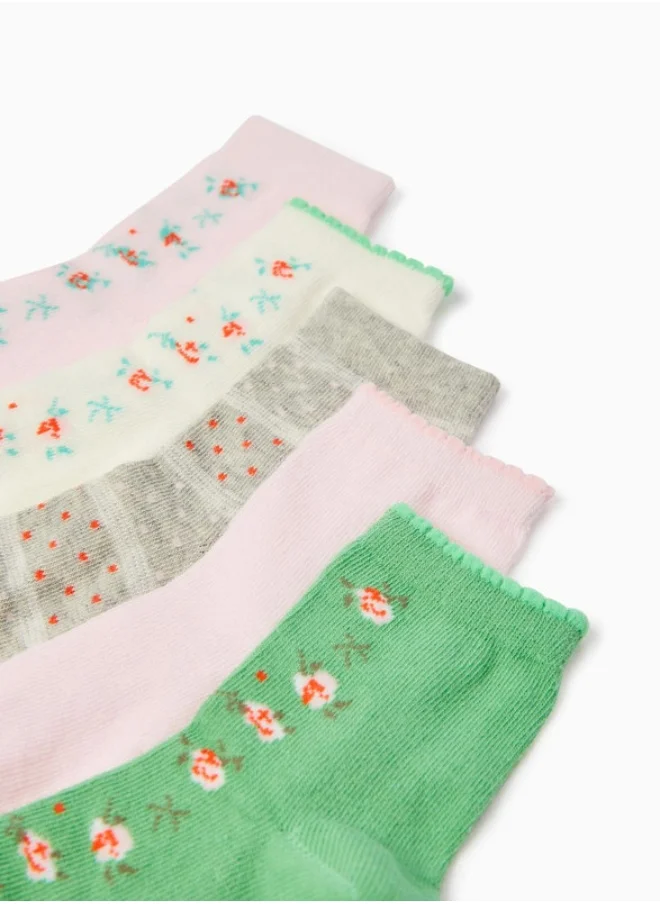 زيبي 5-Pack Pairs of Socks for Girls 'Flowers&Dots', Multicoloured