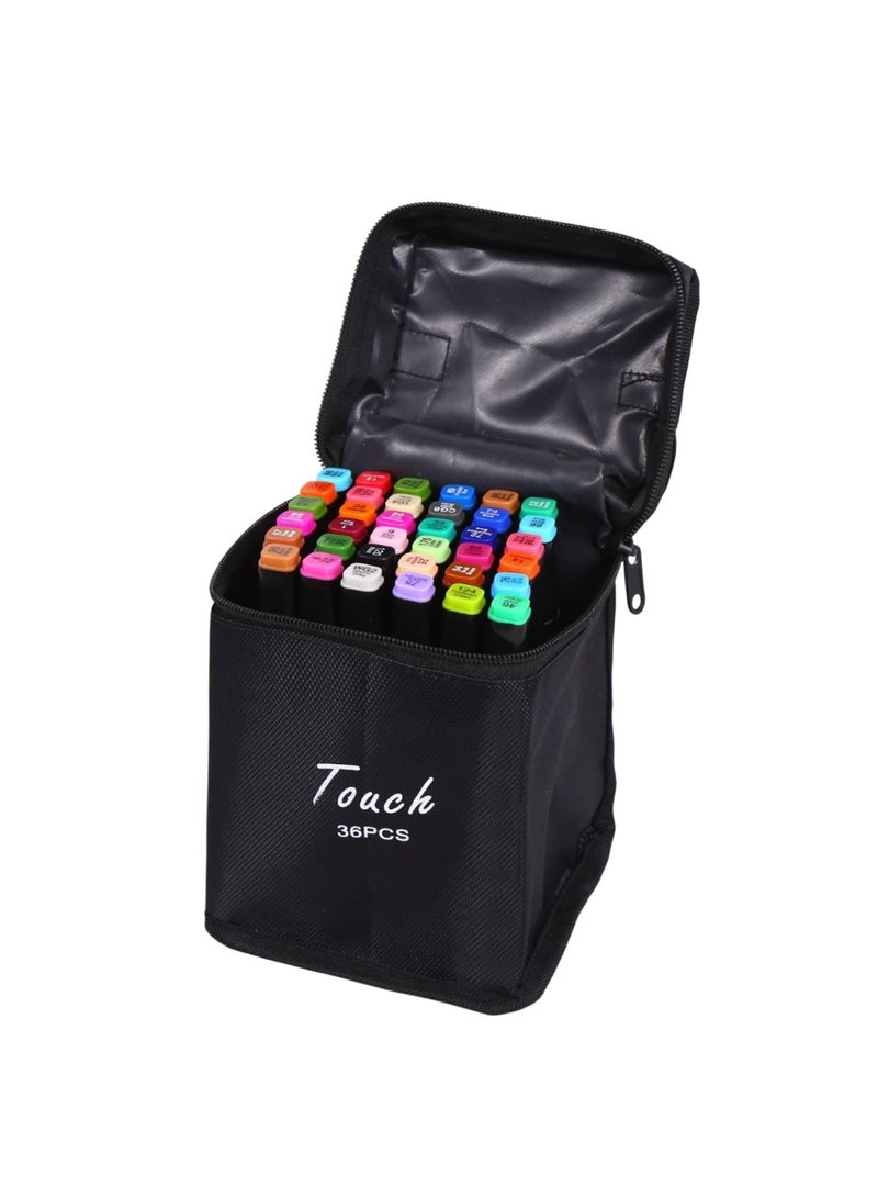 Touch 36pcs Dual Tip Markers Set, Assorted Colors Stylish Black Body with Black Cloth Bag - Image 1