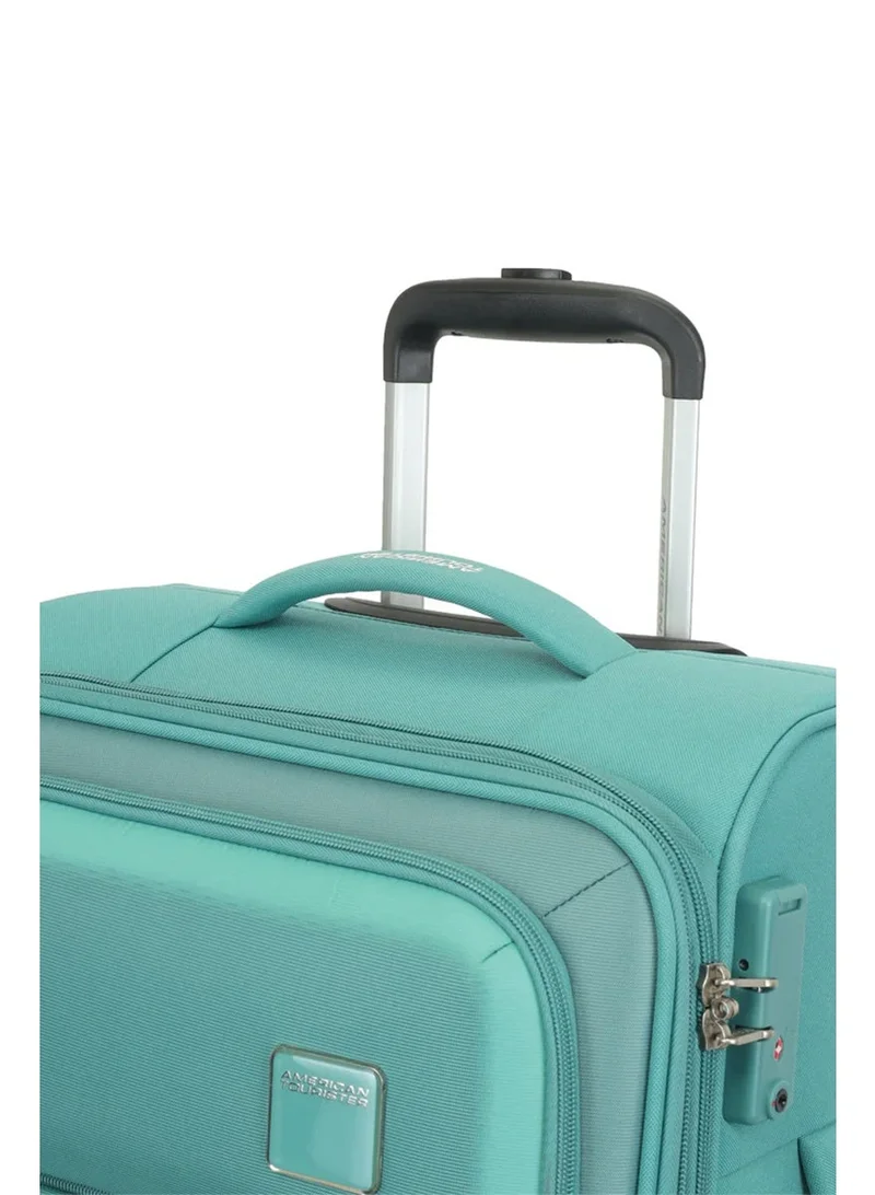 American Tourister green seville suitcase, check-in size 69 cm / 25 inch, 4 wheels, soft top, polyester, green|tsa lock|front storage compartment|inner mesh zippered pocket - 3 years international warranty  | Best Price UAE
