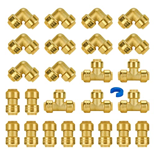 SUNGATOR ملحقات السباكة SUNGATOR 1/2 بوصة، ملحقات Push Pex 1/2"، 10 وصلة و90 درجة كوع، تي (5 قطع)، نحاس خالي من الرصاص للتوصيل، Pex Pipe، نحاس، CPVC، مع 1 مشبك فصل، عبوة من 25 - Image 1