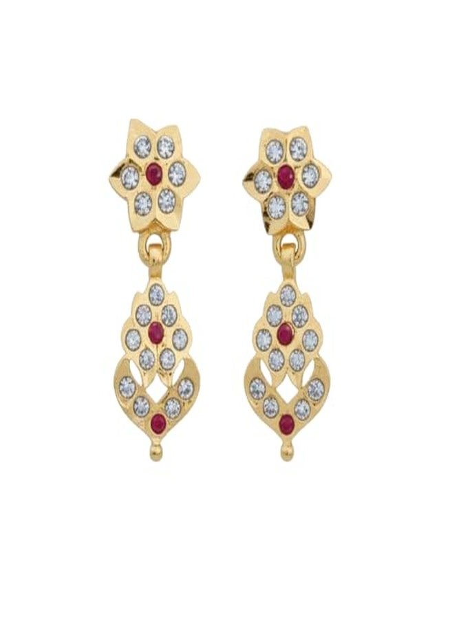 RETA Traditional Gold Plated CZ & Ruby Stone Drop Earrings | Floral Temple Design for Women - Image 2