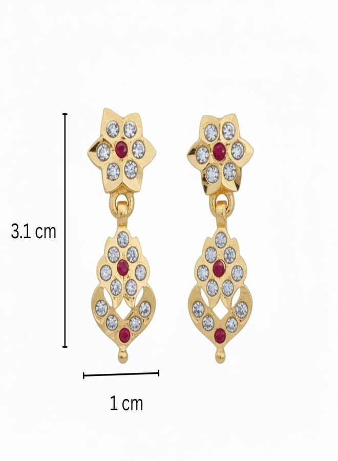 RETA Traditional Gold Plated CZ & Ruby Stone Drop Earrings | Floral Temple Design for Women - Image 3