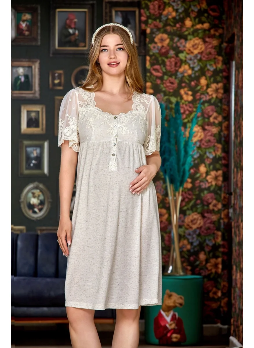 Cossy By Aqua 23186 Maternity Maternity Linen Short Sleeve Nightgown-Beige