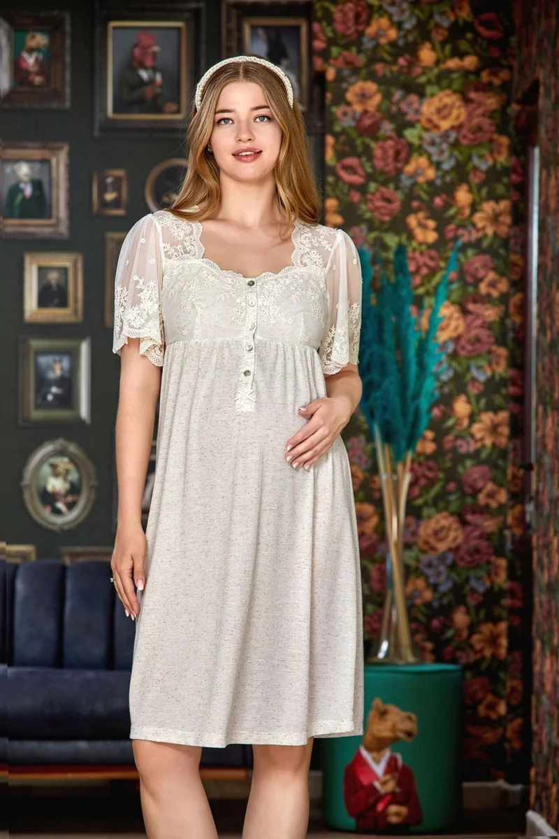 كوسي باي اكوا 23186 Maternity Maternity Linen Short Sleeve Nightgown-Beige