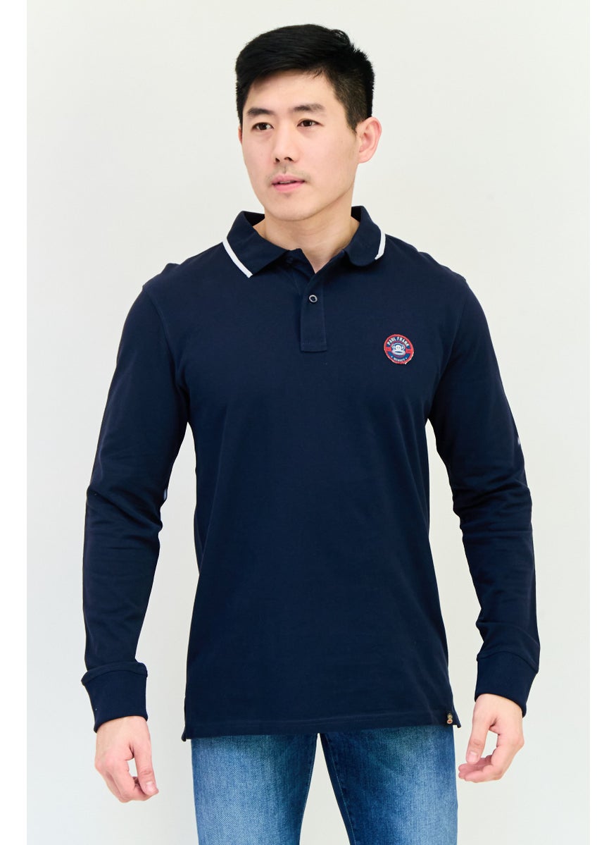 Paul Frank Men Regular Fit Graphic Print Long Sleeve Polo Shirt, Navy  - Image 1