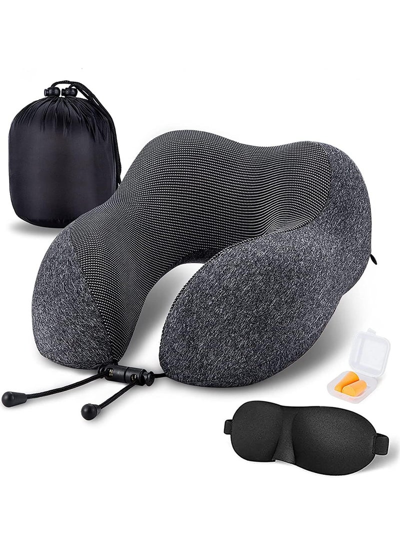 Travel Pillow 100% Pure Memory Foam Neck Pillow, Comfortable & Breathable Cover, Machine Washable, Airplane Travel Kit with 3D Sleep Mask, Earplugs, and Luxury Bag (Dark Gray) - Image 1