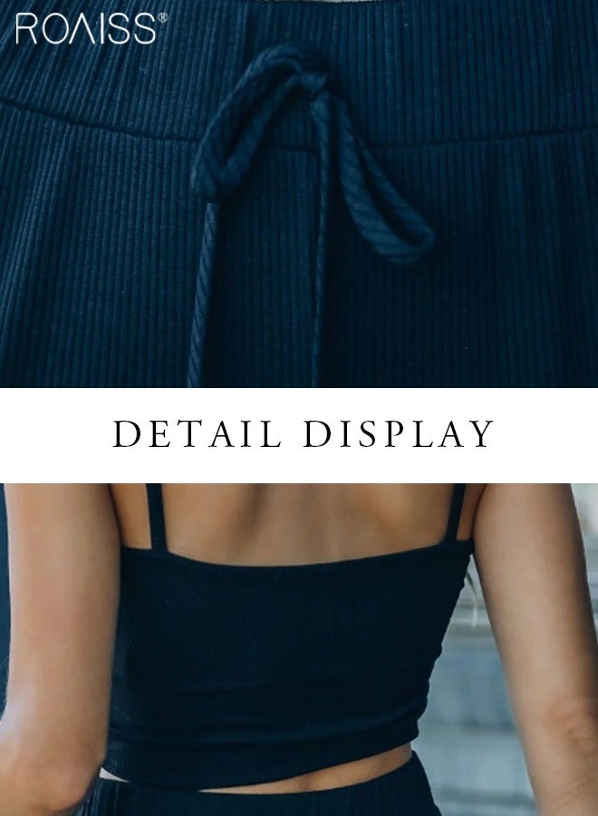 رويس طقم نسائي غير رسمي مكون من قطعتين محبوك برقبة على شكل حرف U وحزام كتف رفيع علوي مطاط مطاط الخصر برباط سروال لشد الكاحل سراويل تقليدية - Image 4