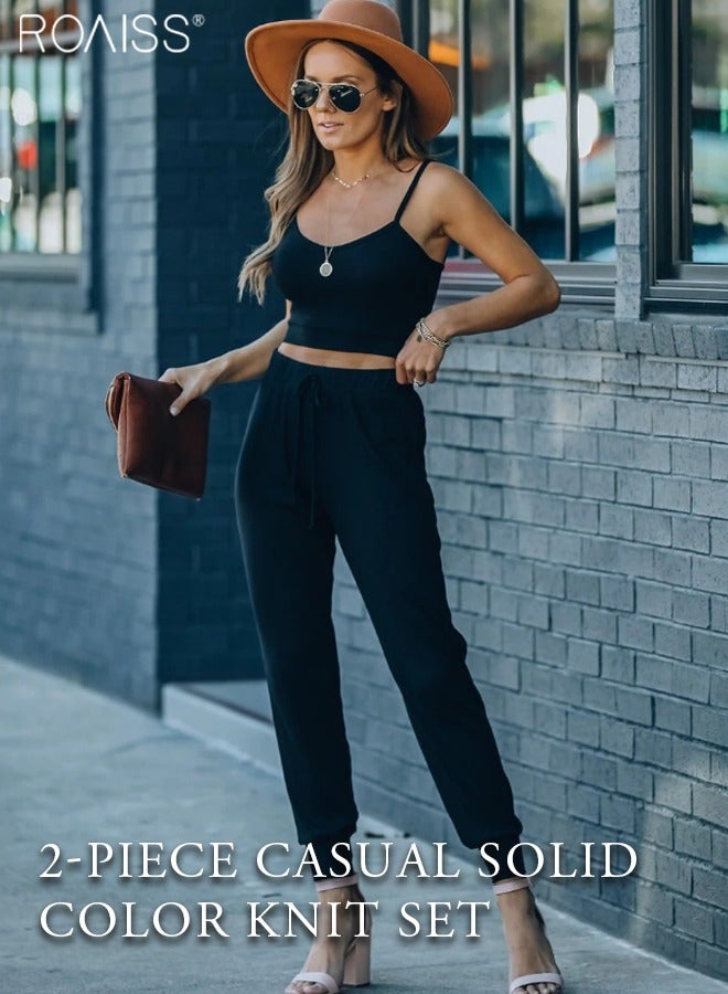 رويس طقم نسائي غير رسمي مكون من قطعتين محبوك برقبة على شكل حرف U وحزام كتف رفيع علوي مطاط مطاط الخصر برباط سروال لشد الكاحل سراويل تقليدية - Image 1