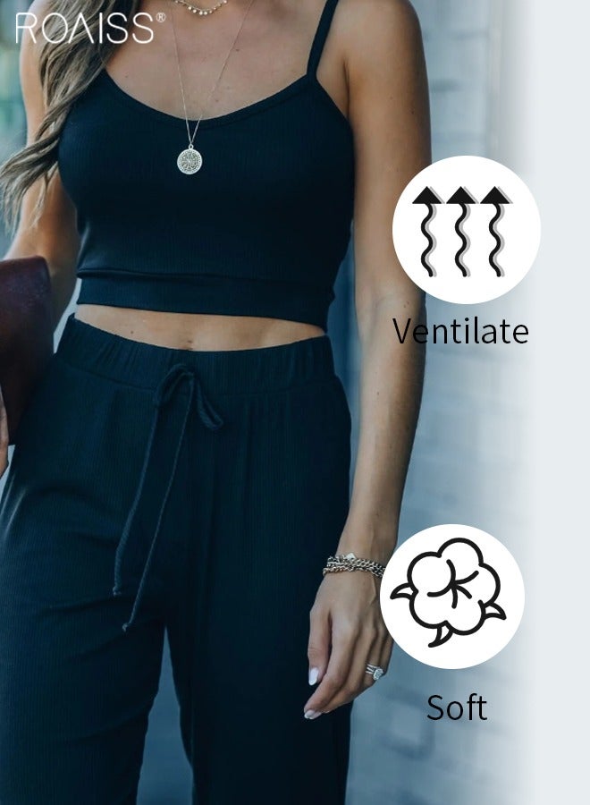 رويس طقم نسائي غير رسمي مكون من قطعتين محبوك برقبة على شكل حرف U وحزام كتف رفيع علوي مطاط مطاط الخصر برباط سروال لشد الكاحل سراويل تقليدية - Image 3