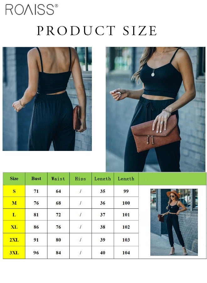 رويس طقم نسائي غير رسمي مكون من قطعتين محبوك برقبة على شكل حرف U وحزام كتف رفيع علوي مطاط مطاط الخصر برباط سروال لشد الكاحل سراويل تقليدية - Image 2