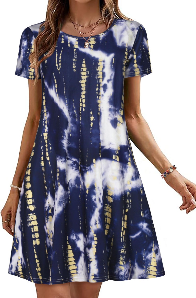 elescat Women's Tshirt Dress Short Sleeve Pockets Loose Fit Summer Dresses Casual Plus Size Cover Ups(Deep Blue Tie Dye, L) - Image 1