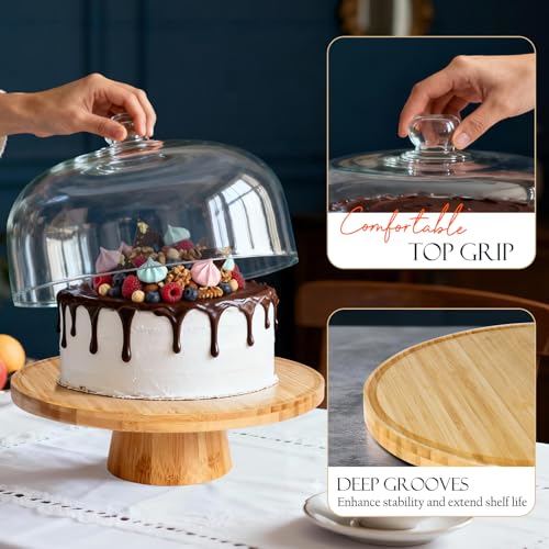 Masthome Bamboo Cake Stand with Acrylic Dome Lid, 6-in-1 Multi-Functional Serving Platter & Dessert Display Stand, Charcuterie Board, Fruit Tray, Dip Bowl, Serving Platter for Wedding, Christmas Party - Image 2