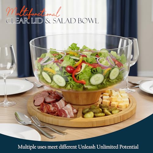 Masthome Bamboo Cake Stand with Acrylic Dome Lid, 6-in-1 Multi-Functional Serving Platter & Dessert Display Stand, Charcuterie Board, Fruit Tray, Dip Bowl, Serving Platter for Wedding, Christmas Party - Image 5