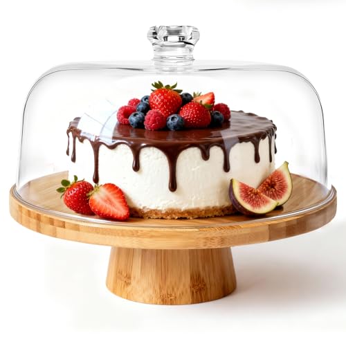 Masthome Bamboo Cake Stand with Acrylic Dome Lid, 6-in-1 Multi-Functional Serving Platter & Dessert Display Stand, Charcuterie Board, Fruit Tray, Dip Bowl, Serving Platter for Wedding, Christmas Party - Image 1