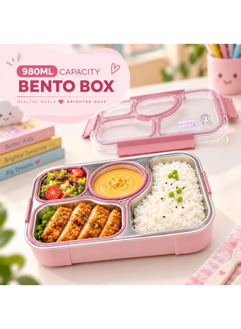BERAM 4 Compartment Stainless Steel Lunch Box, Leakproof Bento Meal Prep Container with Locking Lid for Kids & Adults, School, Office & Travel - Image 3