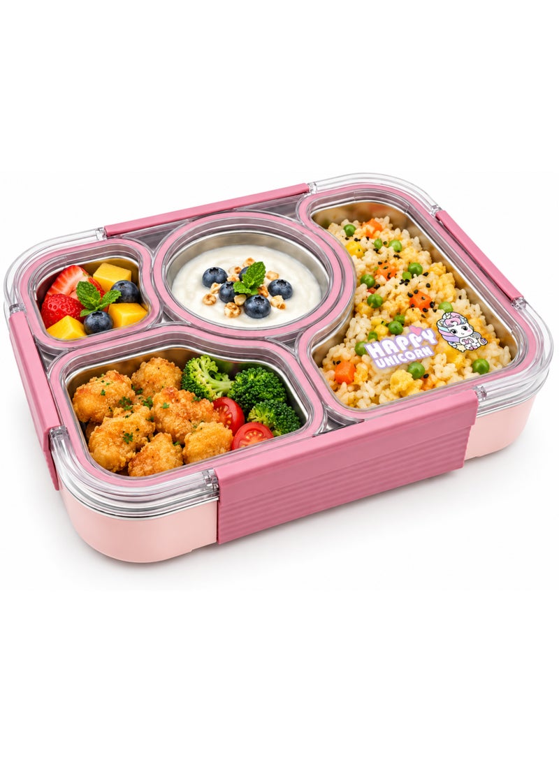 BERAM 4 Compartment Stainless Steel Lunch Box, Leakproof Bento Meal Prep Container with Locking Lid for Kids & Adults, School, Office & Travel - Image 1