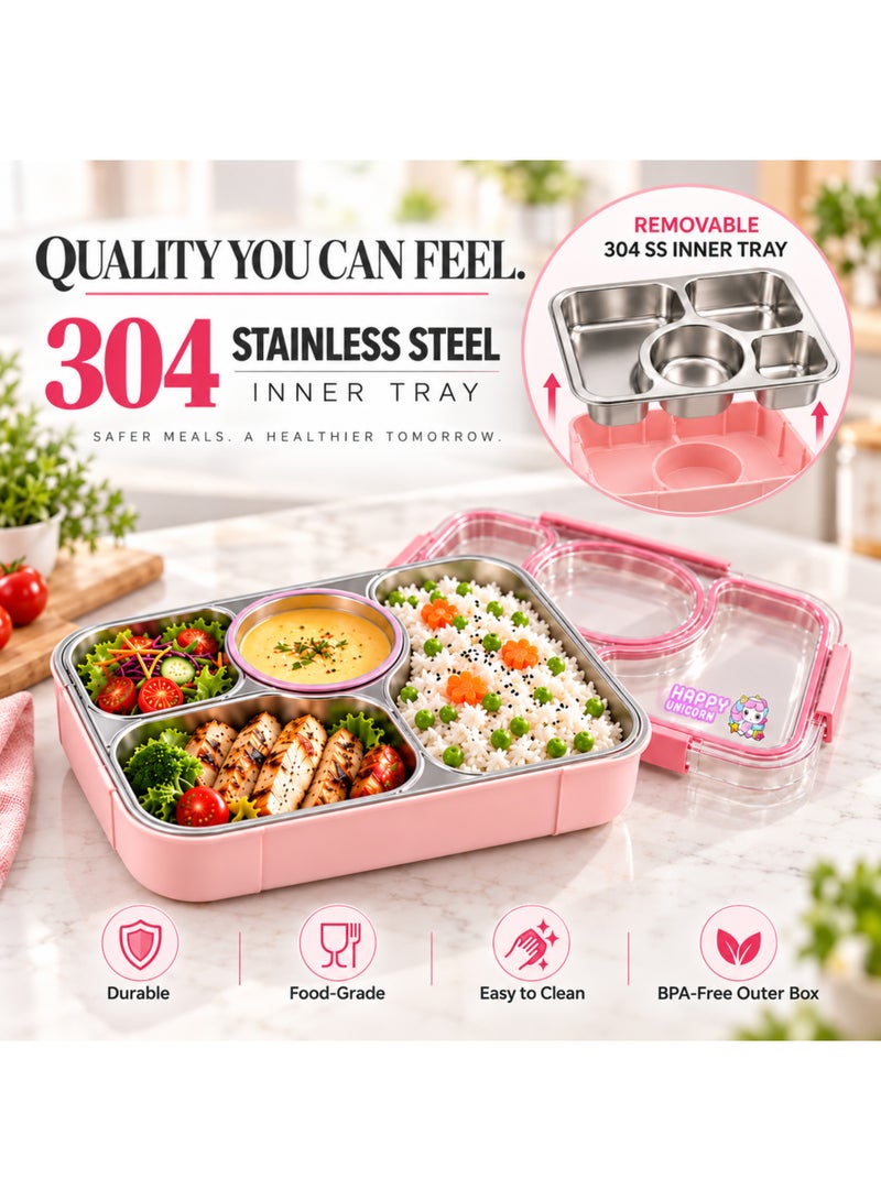 BERAM 4 Compartment Stainless Steel Lunch Box, Leakproof Bento Meal Prep Container with Locking Lid for Kids & Adults, School, Office & Travel - Image 5