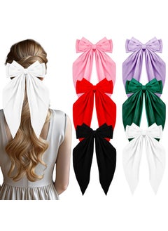WLLHYF 6PCS Silky Satin Hair Bows Long Tail Oversized Hair Ribbons Big Bow Barrettes Metal Bowknot Clips Ponytail Holder Aesthetic Valentines Day Accessories for Women Girls Toddlers Teens Kids 