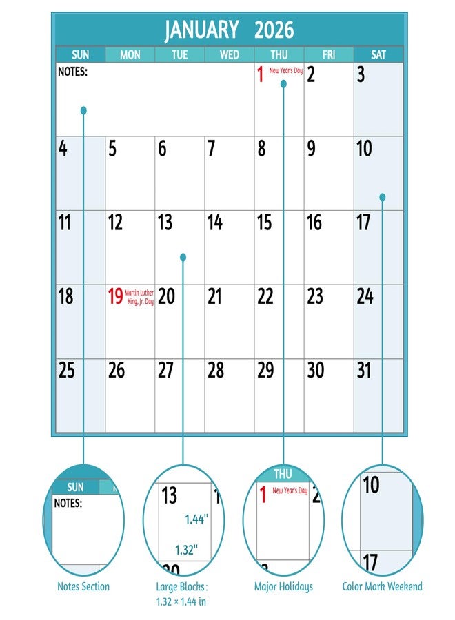 BowCuk 2025-2026 Dry Erase Calendar - Large Yearly Wall calendar, 38.2'' x 25.2'', 2-Side Reversible Calendar 2025-2026, Vertical/Horizontal, Jul 2025 - Jun 2026, Wall Calendar with Notes, Stickers - Multi - Image 4