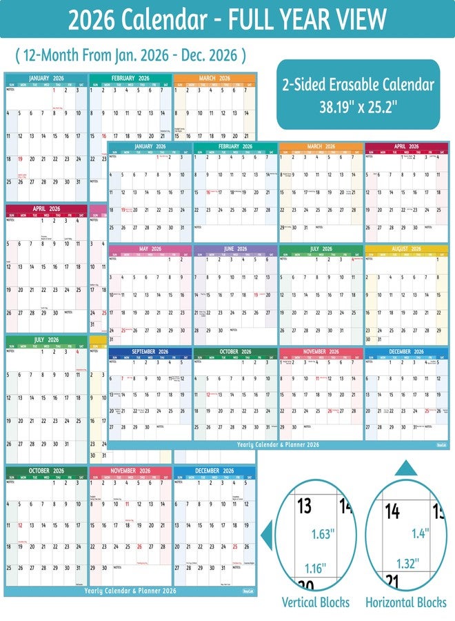 BowCuk 2025-2026 Dry Erase Calendar - Large Yearly Wall calendar, 38.2'' x 25.2'', 2-Side Reversible Calendar 2025-2026, Vertical/Horizontal, Jul 2025 - Jun 2026, Wall Calendar with Notes, Stickers - Multi - Image 3