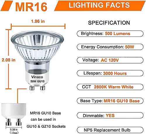 Vinaco GU10 Halogen Bulb Dimmable, GU10+c 110V 50W Candle Warmer Lamp Replacement, MR16 GU 10 50W Halogen Bulb 120V, 50 W MR16 with Glass Cover for Track&Recessed Lighting, 2800K Warm White, 6 Pack - Image 2