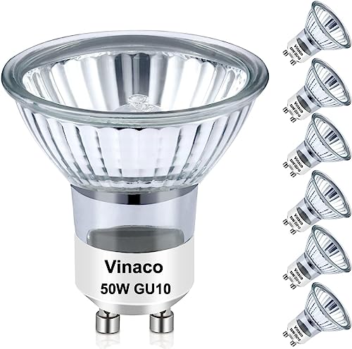 Vinaco GU10 Halogen Bulb Dimmable, GU10+c 110V 50W Candle Warmer Lamp Replacement, MR16 GU 10 50W Halogen Bulb 120V, 50 W MR16 with Glass Cover for Track&Recessed Lighting, 2800K Warm White, 6 Pack - Image 1