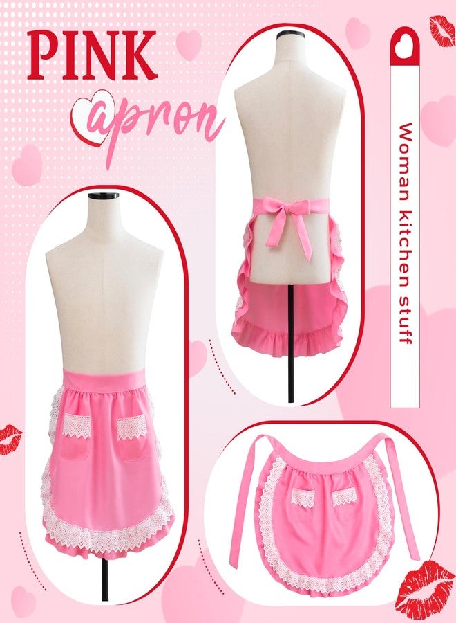 Geyoga Aprons for Women with Pockets Kitchen Cooking Waitress Maid Apron Vintage Skirt Cute Ruffle Dress Costume (Pink,Lace Waist Style) - Image 4