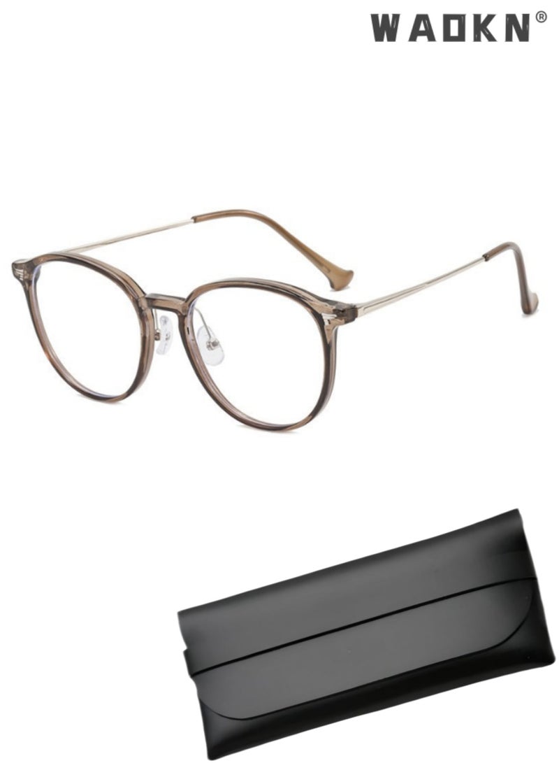 WAOKN Unisex Retro Round Blue Light Blocking Glasses, TR90 & Metal Hybrid Frame Anti-fog UV400 Protection PC Clear Lens, Anti Eyestrain Anti Glare Fashion Commute Plain Eyeglasses for Large Wide Faces Office Computer Study Reading Daily Wear for Women Men - Image 1