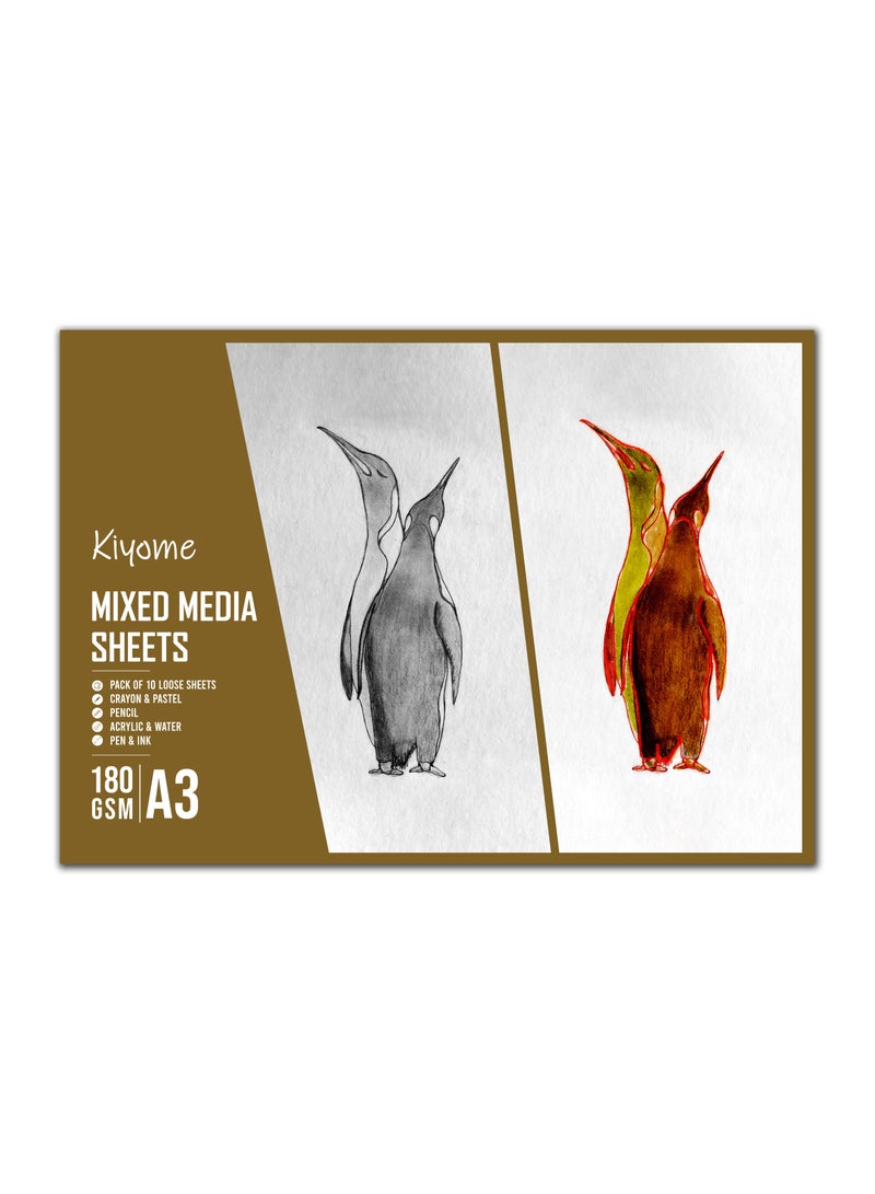 Kiyome Mixed Media Sheets | 180 GSM | A3 | 11.7 in x 16.5 inches | Cold Press | 10 Sheets | Sketching, Drawing, and Painting - Image 1