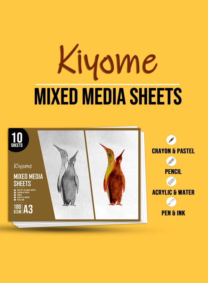 Kiyome Mixed Media Sheets | 180 GSM | A3 | 11.7 in x 16.5 inches | Cold Press | 10 Sheets | Sketching, Drawing, and Painting - Image 3