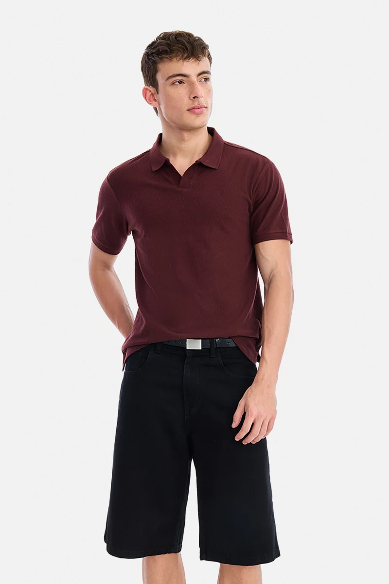 Wine Textured Half Sleeve Regular Fit Casual T-Shirt